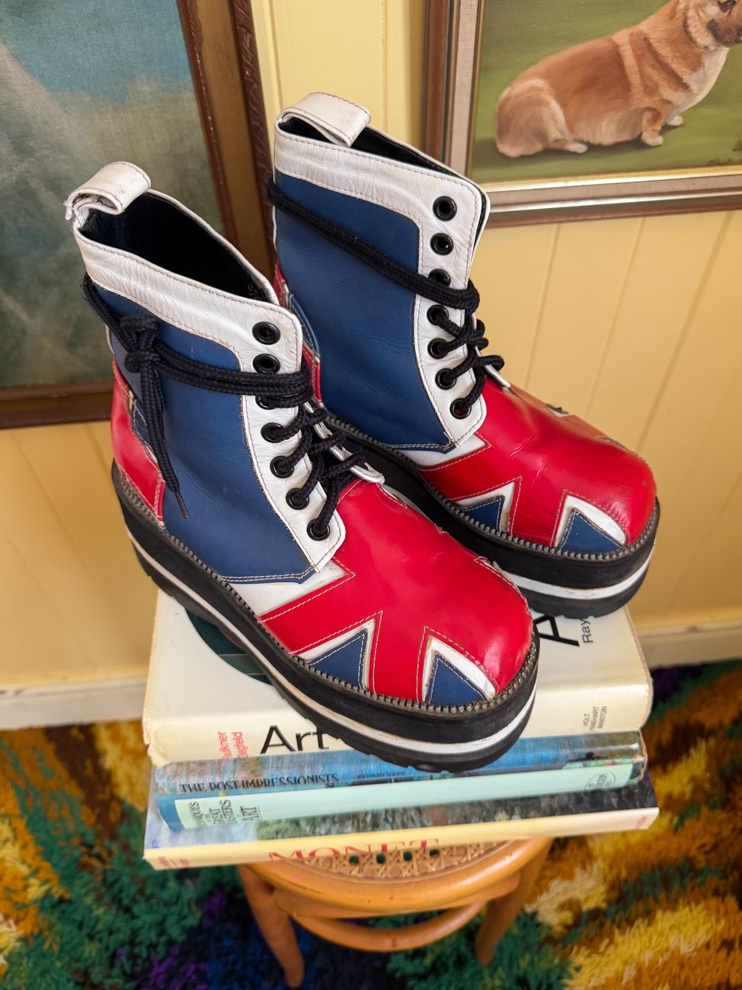 VINTAGE 1990S RARE ITALIAN VANGUARD UNION JACK LEATHER PLATFORM DIESEL SOLE BOOTS 8/38-39