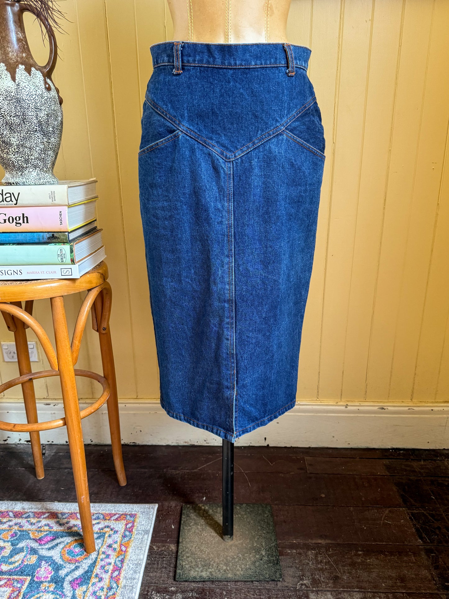 VINTAGE 1980S TRICK SHOT COTTON DENIM MIDI PENCIL SKIRT S