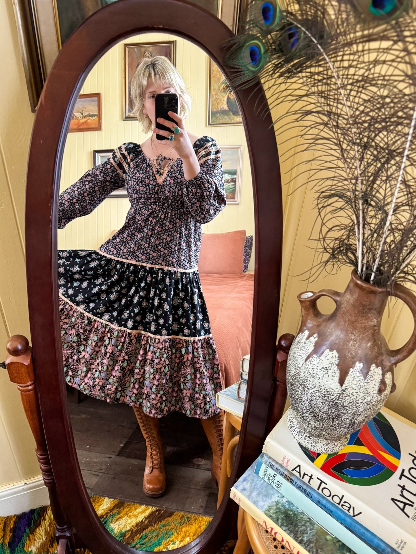 VINTAGE 1970S YOUNG EDWARDIAN COTTON FLORAL MIDI PEASANT DRESS S/M