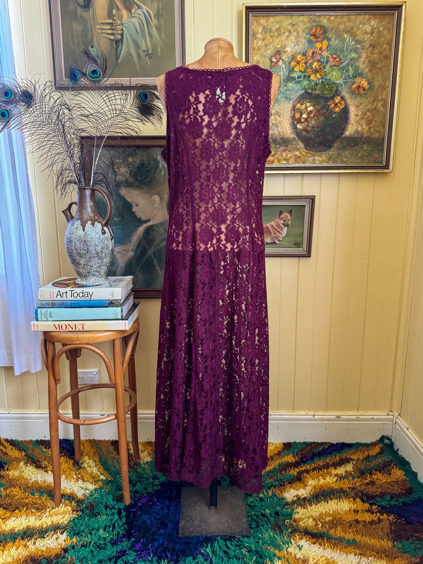 VINTAGE 1990S BURGUNDY LACE SLEEVELESS MAXI DUSTER DRESS M/L