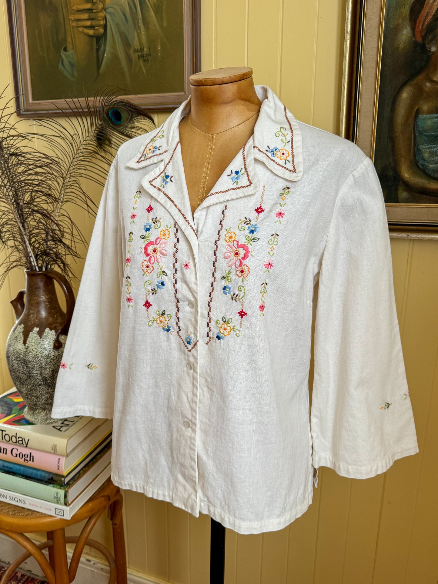 VINTAGE 1970S COTTON HAND EMBROIDERED BUTTON THROUGH SHIRT S/M