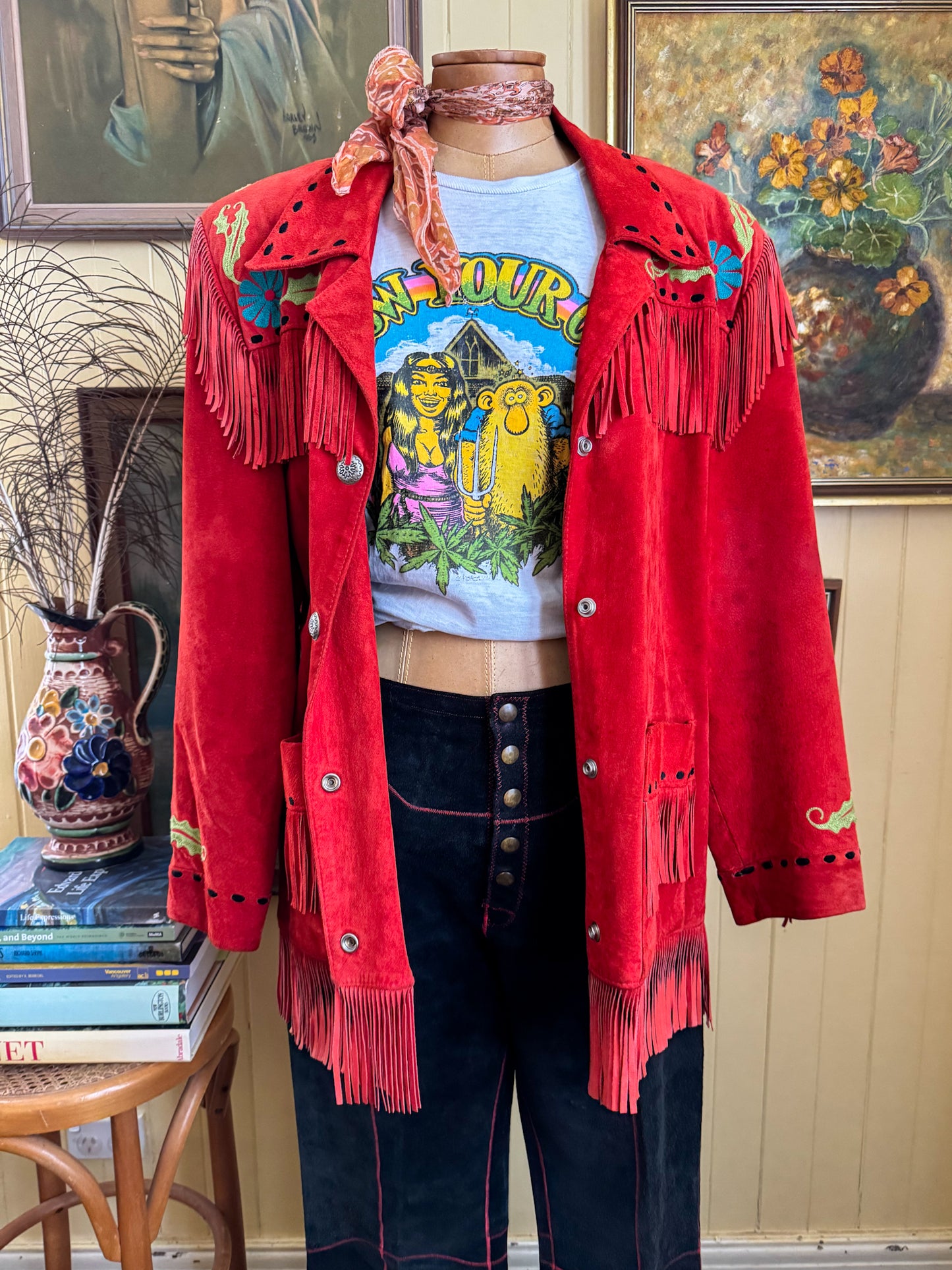 VINTAGE RARE CHAR SANTA FE RED SUEDE FRINGED EMBROIDERED WESTERN JACKET M