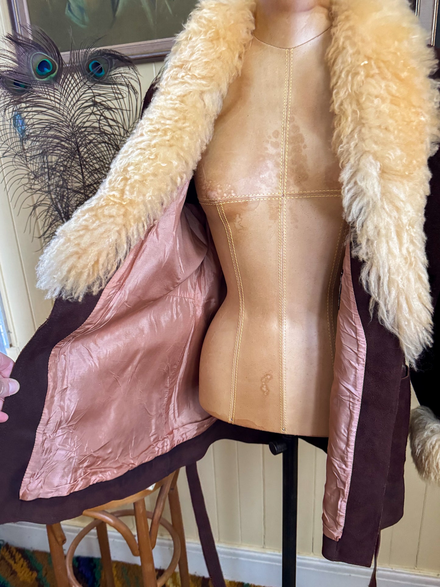 VINTAGE 1970S MCPHAIL + FISHER NZ SUEDE LEATHER SHEARLING PENNY LANE WRAP JACKET S/M