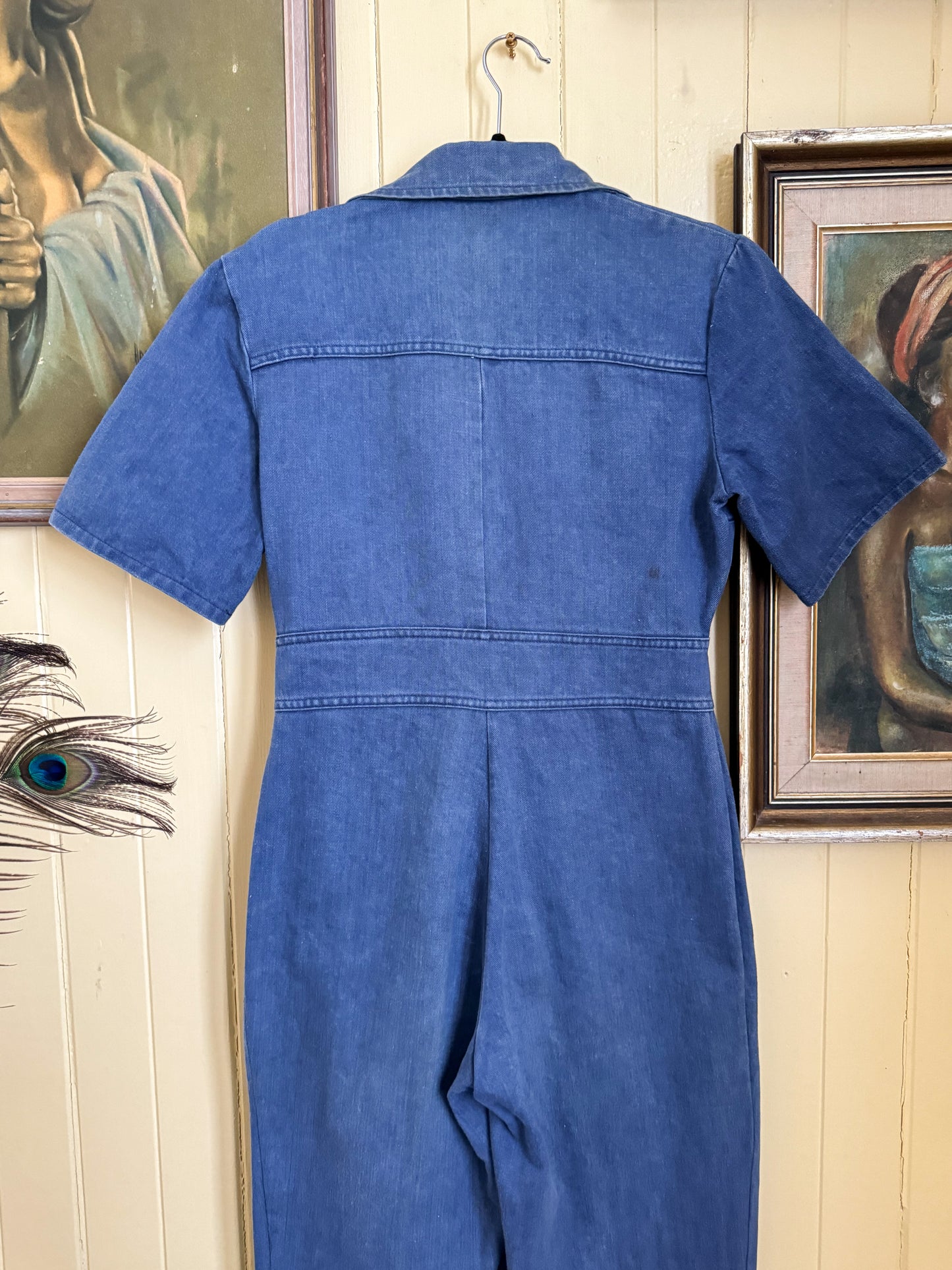 VINTAGE 1970S CLOUDS COTTON DENIM WIDE LEG JUMPSUIT XS/S