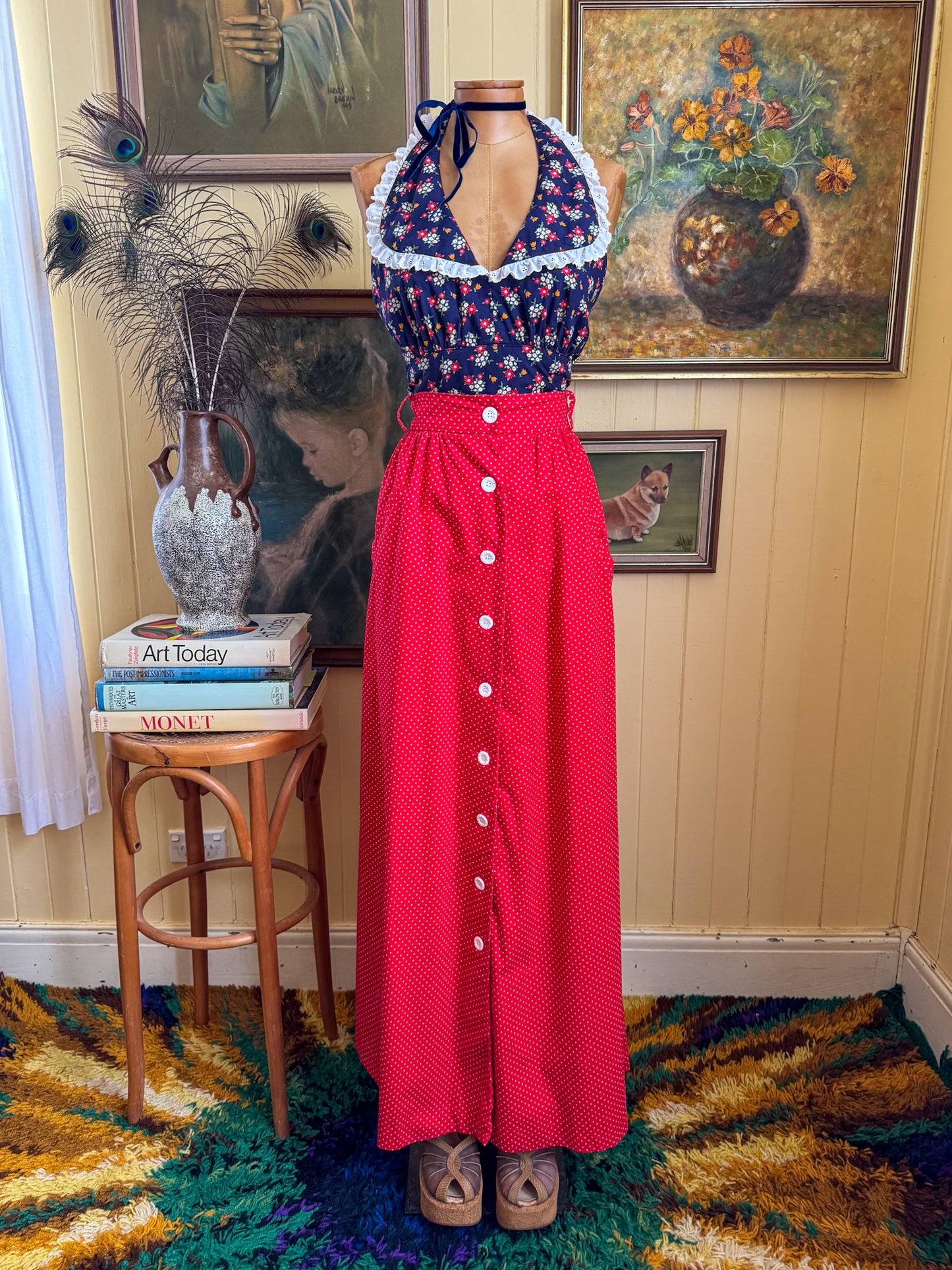 VINTAGE 1970S WRAGGS COTTON POLKA DOT BUTTON THROUGH MAXI SKIRT XS/S