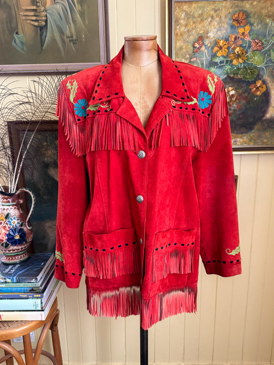 VINTAGE RARE CHAR SANTA FE RED SUEDE FRINGED EMBROIDERED WESTERN JACKET M