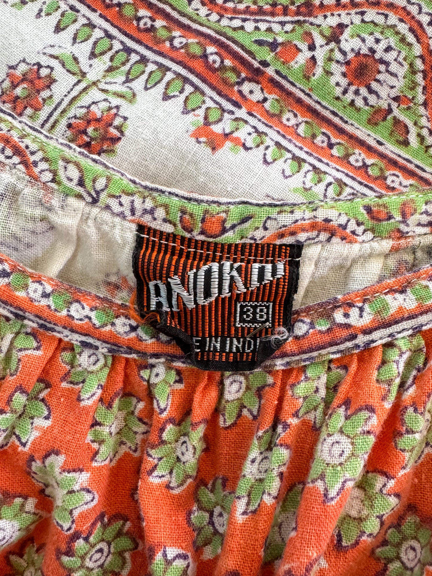 VINTAGE 1970S ANOKHI INDIAN COTTON BLOCK PRINT MAXI DRESS M/L