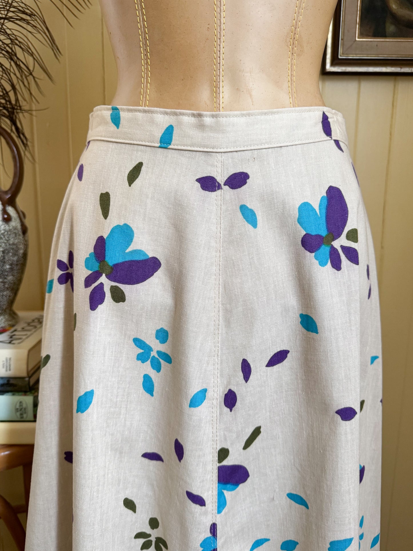 VINTAGE 1970S FINNISH COTTON ABSTRACT FLORAL PRINT MAXI SKIRT S