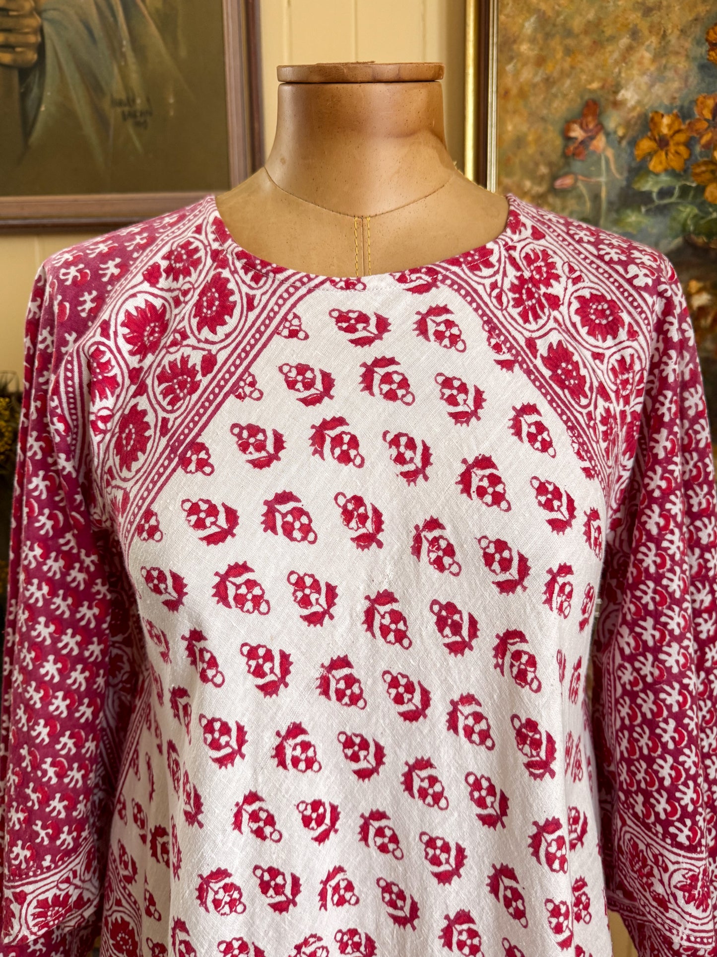 VINTAGE 1970S MALIKA INDIAN COTTON BLOCK PRINT ANGEL SLEEVE MAXI KAFTAN S/M
