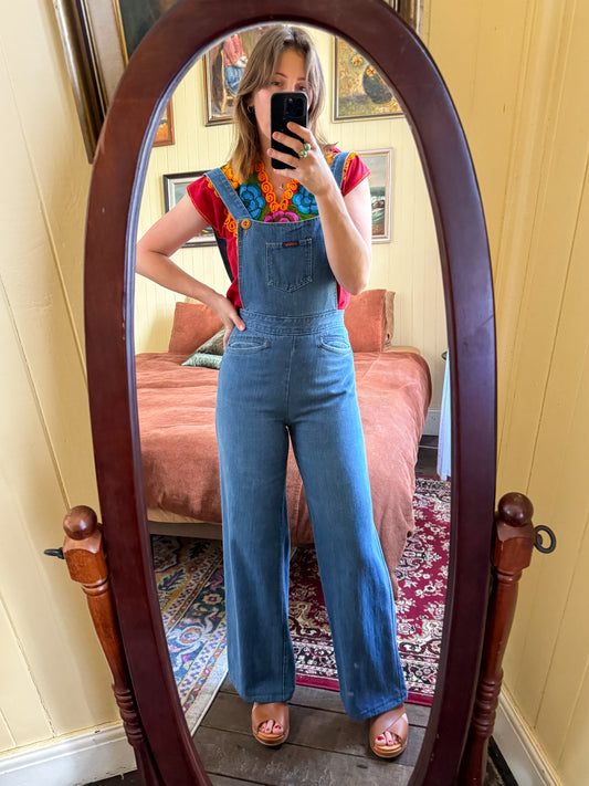 VINTAGE 1970S RARE LANDLUBBER COTTON DENIM WIDE LEG DUNGAREES OVERALLS S/M