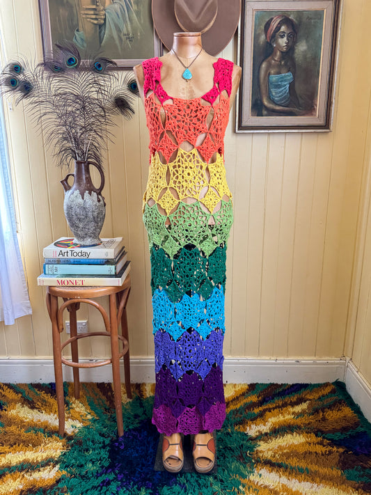 VINTAGE 1970S HANDMADE RAINBOW COTTON CROCHET MAXI DRESS S/M
