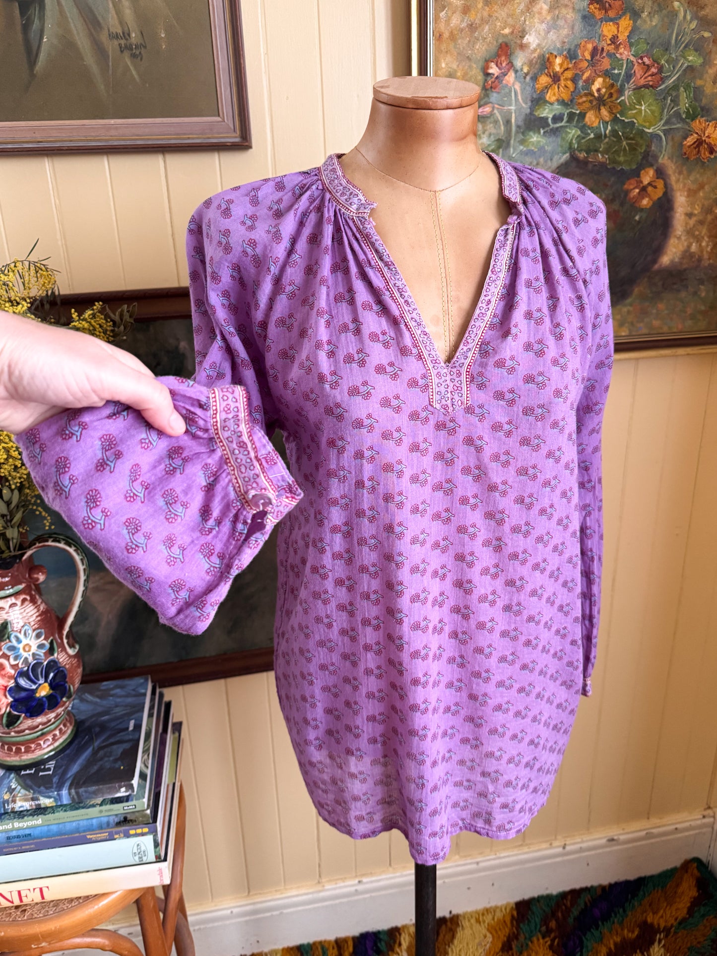 VINTAGE 1970S LASTANGO PAKISTANI COTTON GAUZE BLOCK PRINT BLOUSE S/M