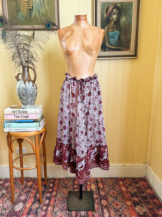 VINTAGE 1970S INDIAN COTTON GAUZE LUREX DRAWSTRING MIDI SKIRT M/L