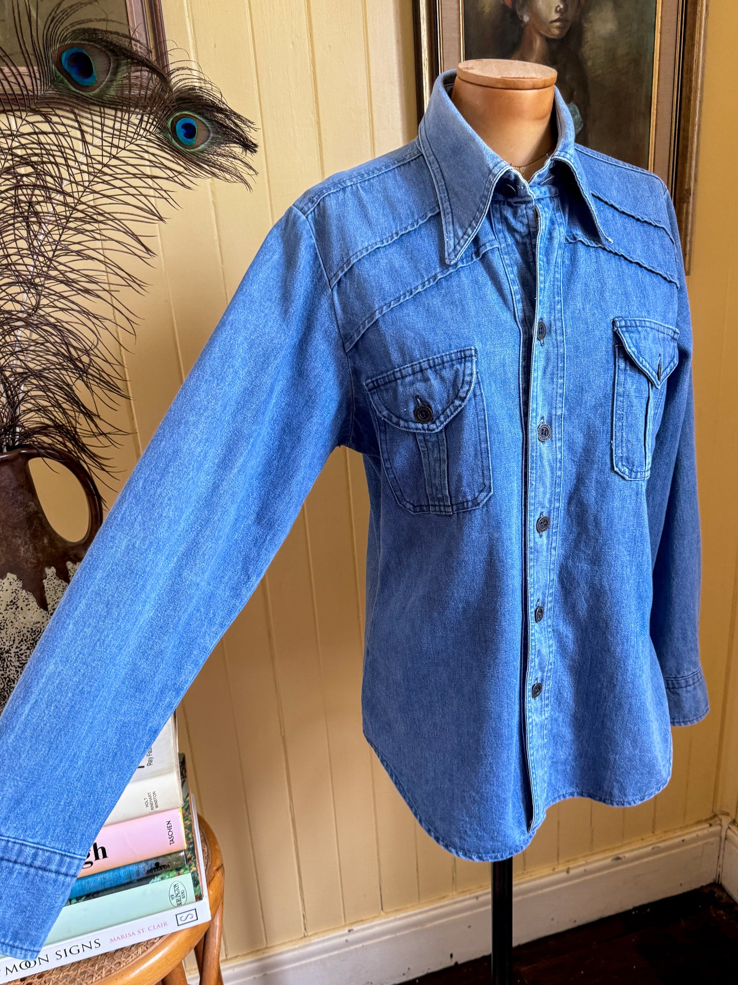 VINTAGE 1970S AMCO COTTON DENIM PATCH POCKET SHIRT JACKET S/M