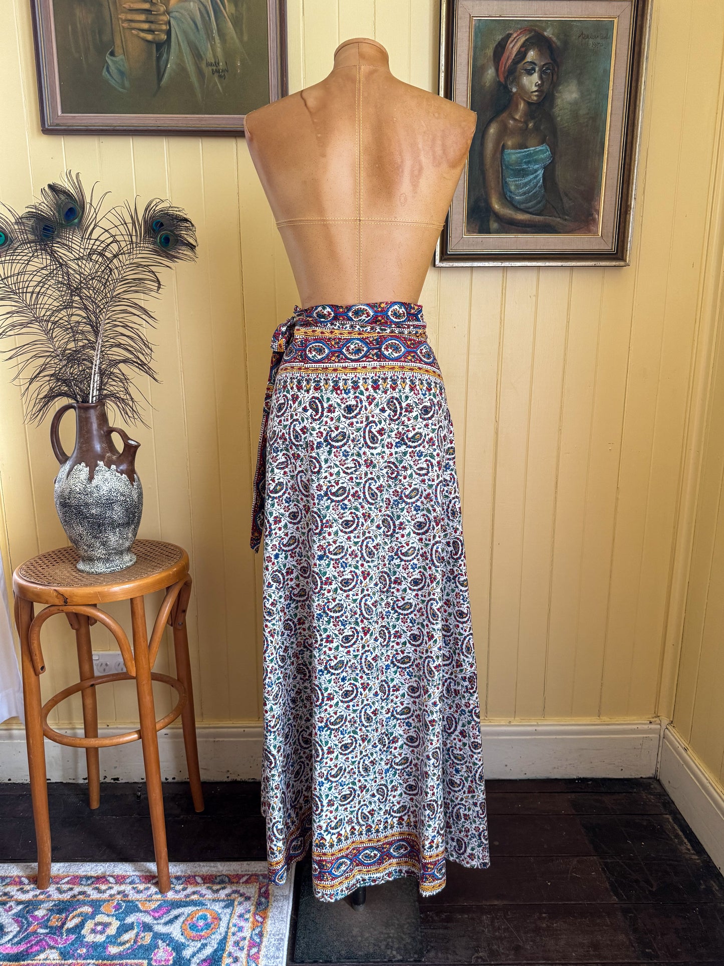 VINTAGE 1970S AYESHA DAVAR INDIAN COTTON BLOCK PRINT WRAP MAXI SKIRT M