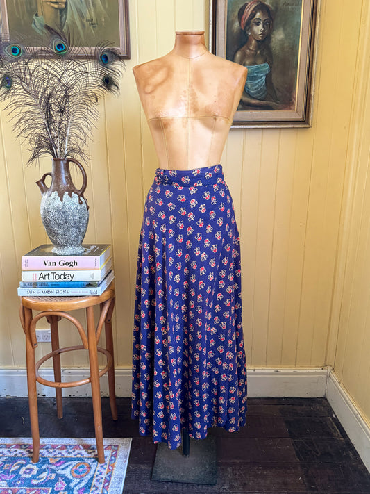 VINTAGE 1970S INDIAN COTTON BLOCK PRINT WRAP MAXI SKIRT S