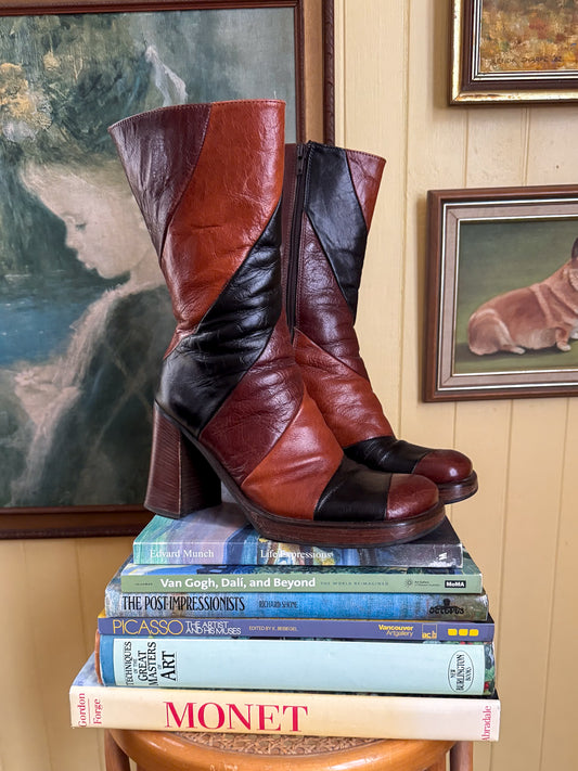 VINTAGE 1990S PATCHWORK LEATHER PLATFORM BLOCK HEELED BOOTS 8.5/39