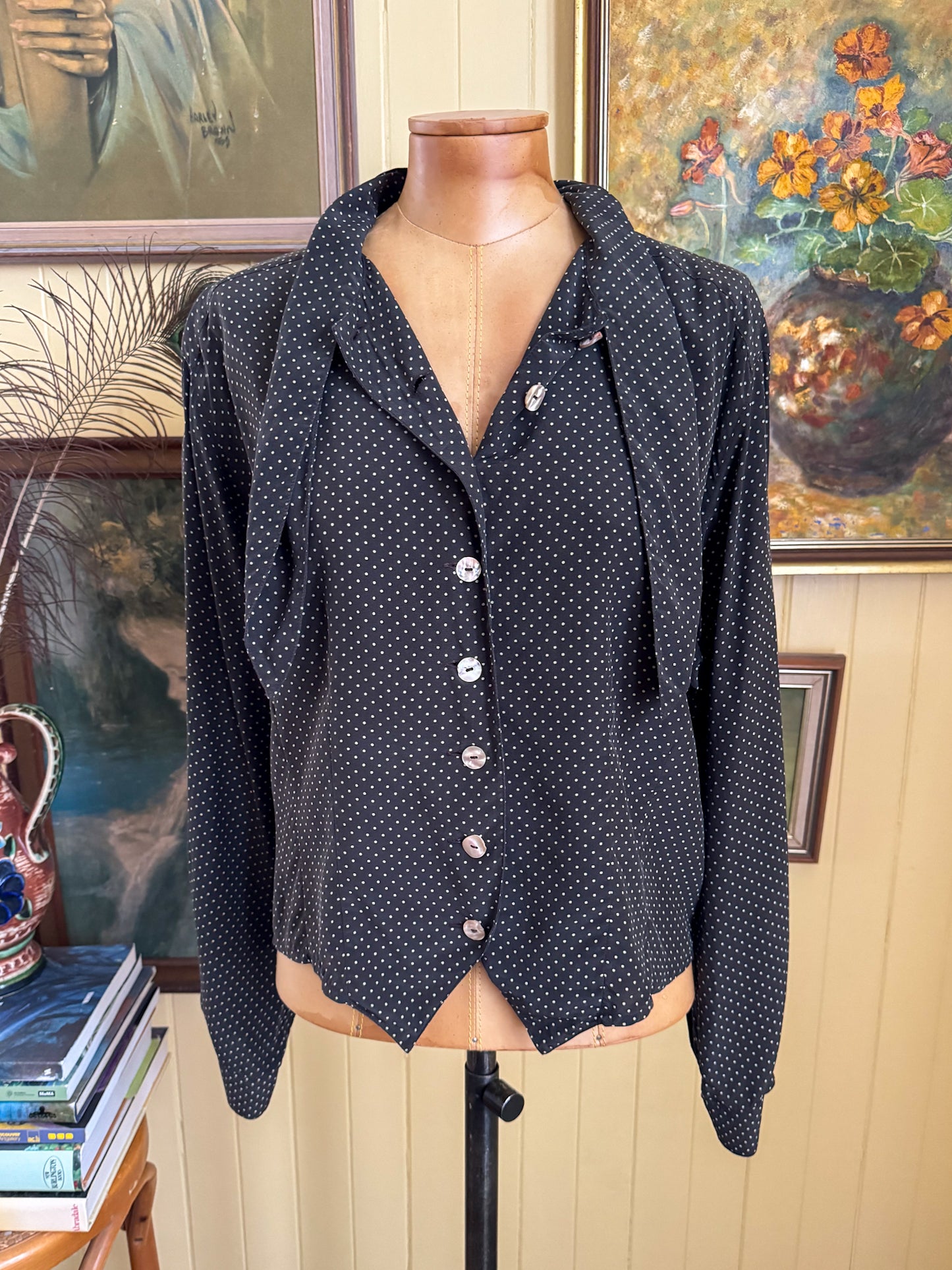 VINTAGE 1990S GERMAN SILK BUTTON THROUGH POLKA DOT BLOUSE M