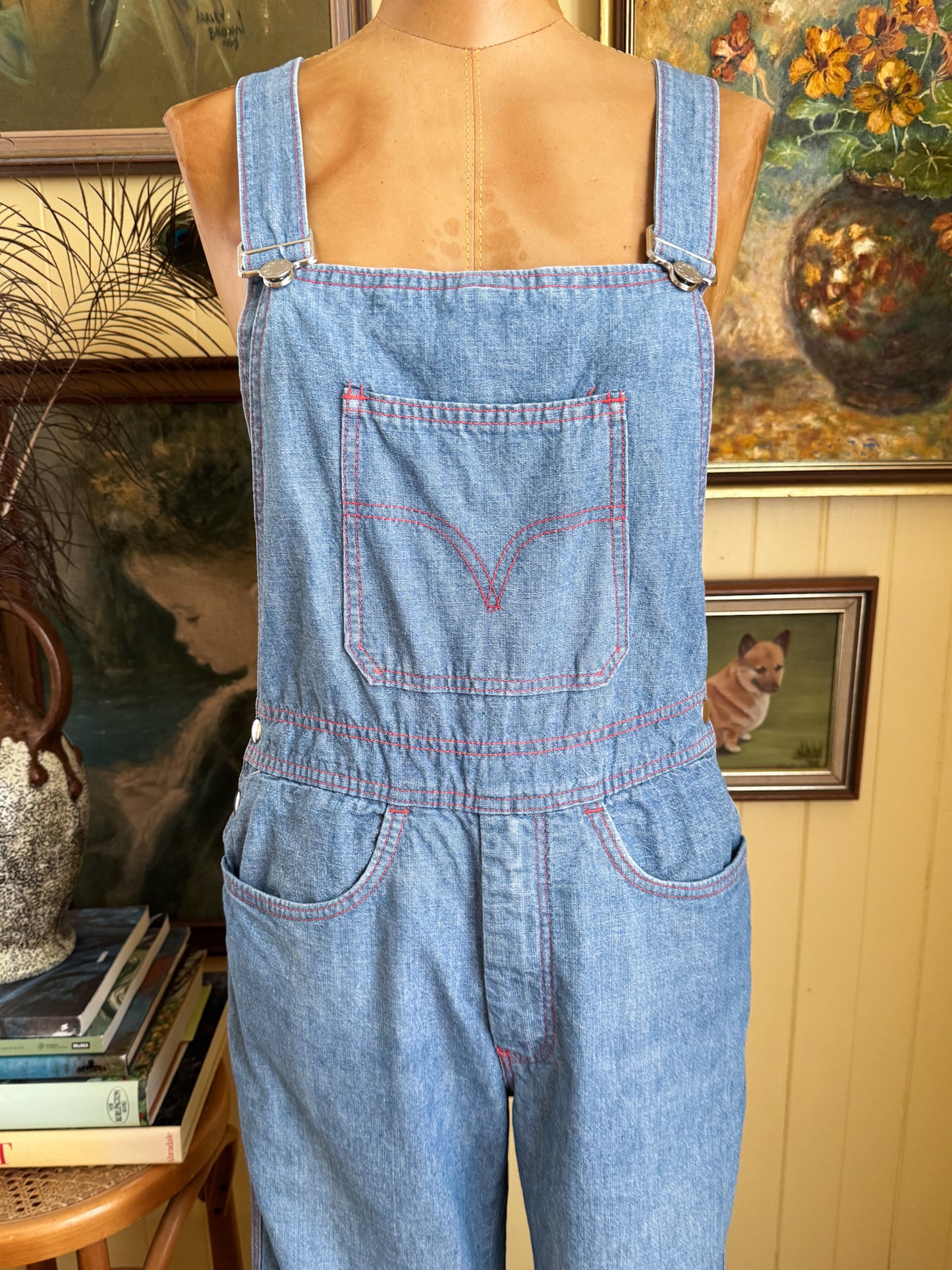 VINTAGE 1970S AMCO COTTON DENIM KICK FLARE DUNGAREES OVERALLS XS/S