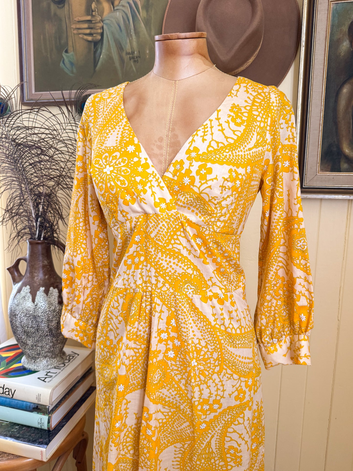 VINTAGE 1970S TRIXY COTTON FLORAL PRINT MAXI PRAIRIE DRESS S