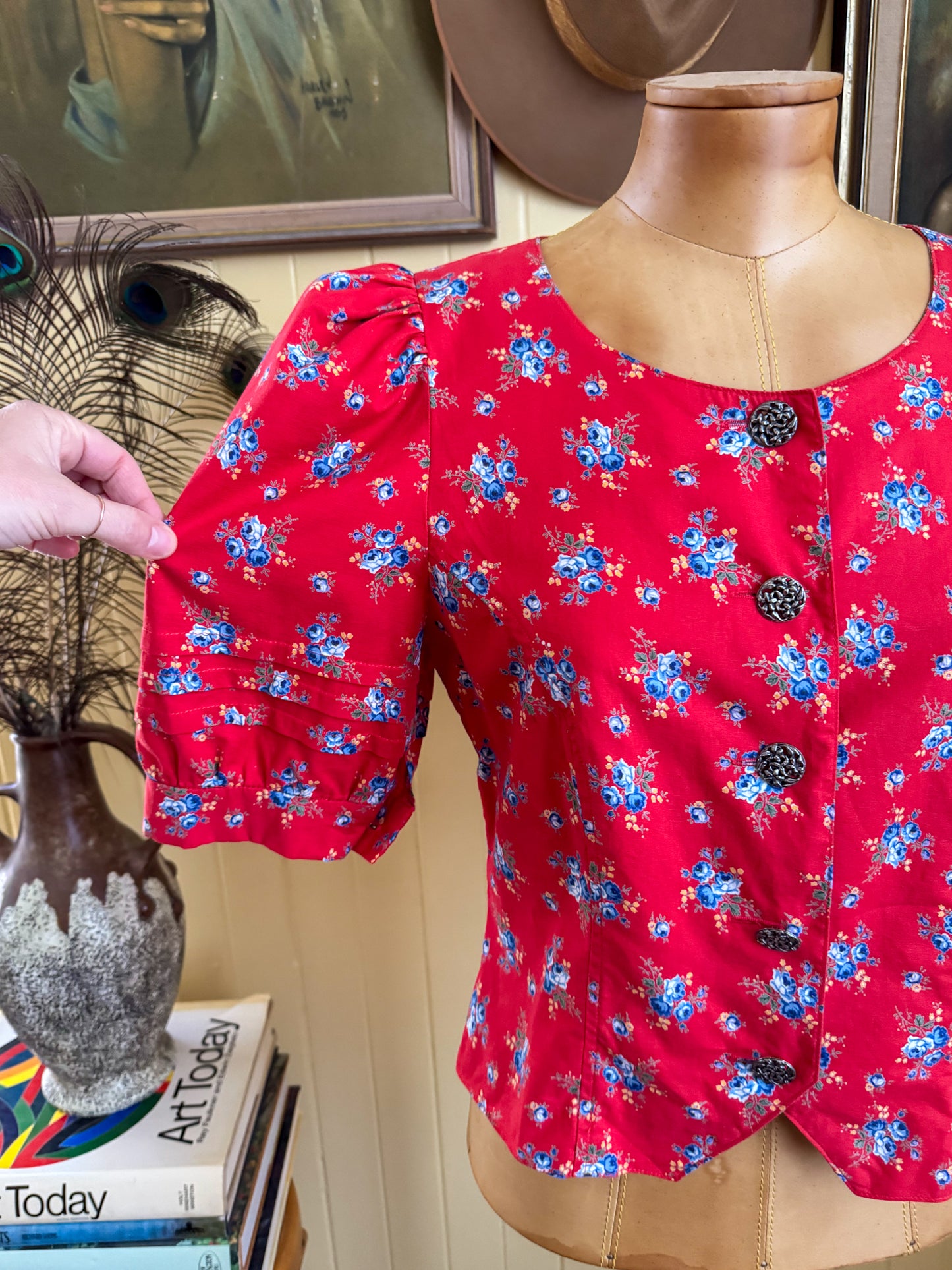 VINTAGE 1980S AUSTRIAN PFISTER COTTON FLORAL PRINT BLOUSE S/M