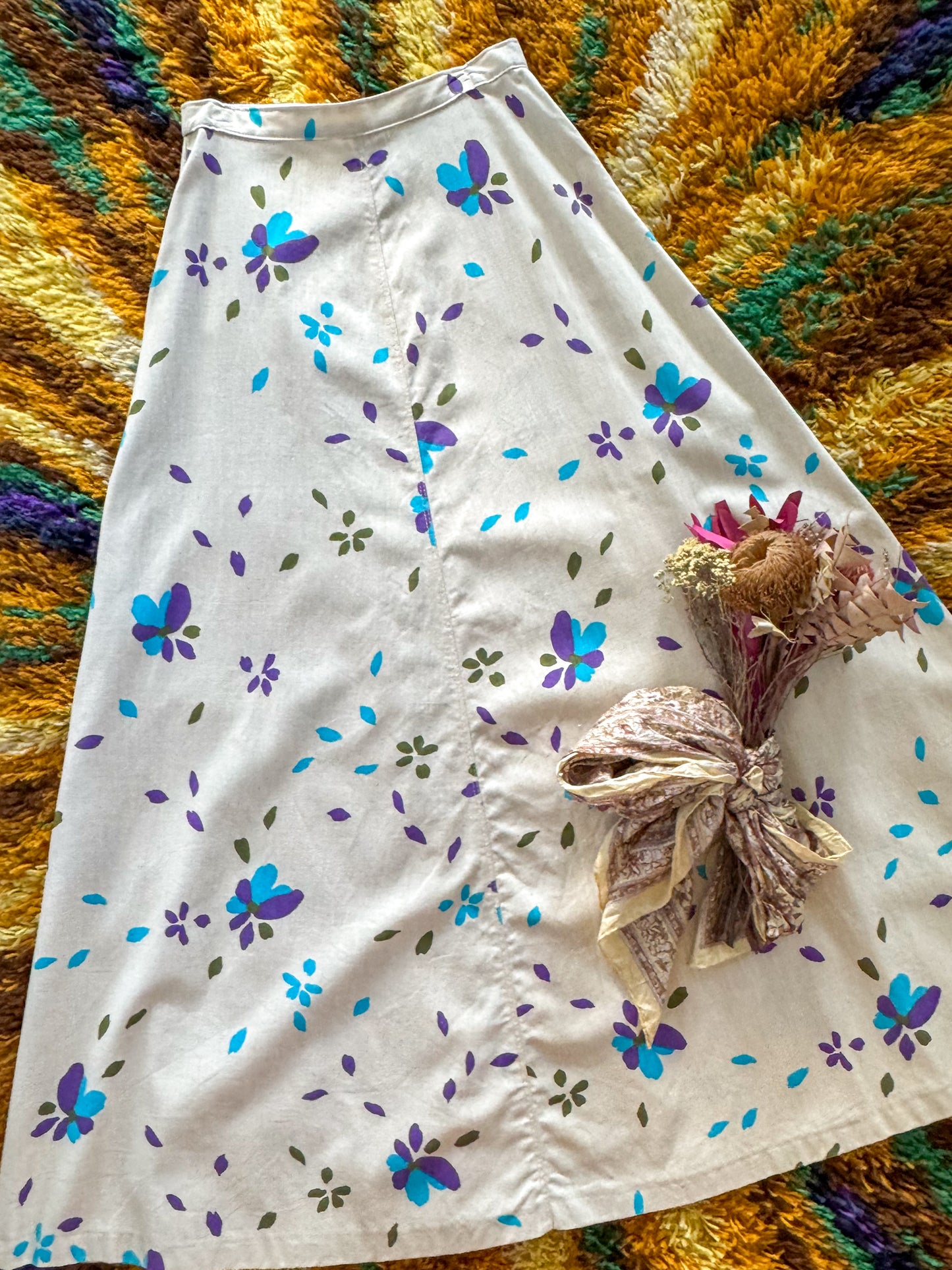 VINTAGE 1970S FINNISH COTTON ABSTRACT FLORAL PRINT MAXI SKIRT S