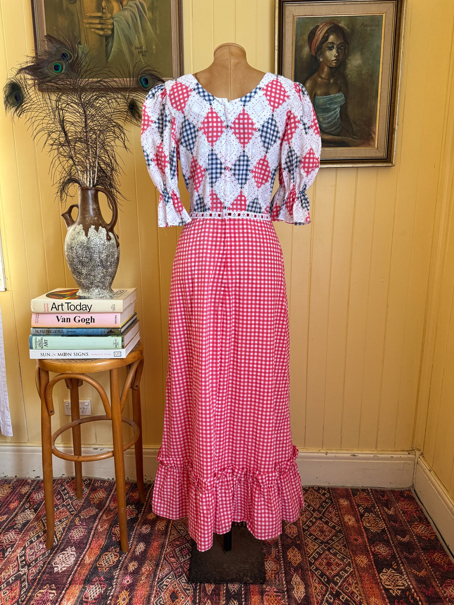 VINTAGE 1970S ANDRÉ LONDON COTTON GINGHAM PRINT MAXI PRAIRIE DRESS S