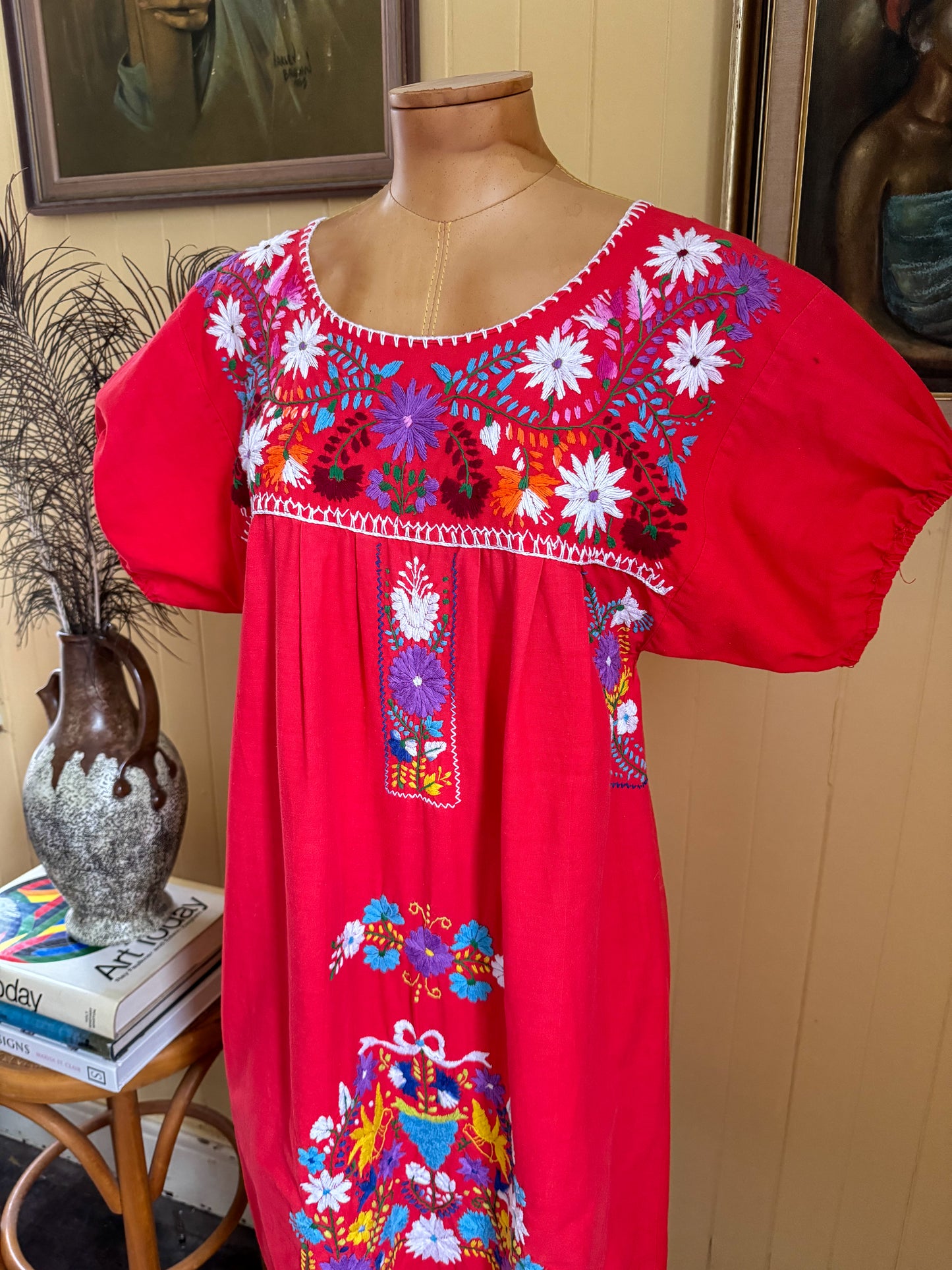 VINTAGE 1980S MEXICAN COTTON EMBROIDERED SMOCK MIDI DRESS S/M