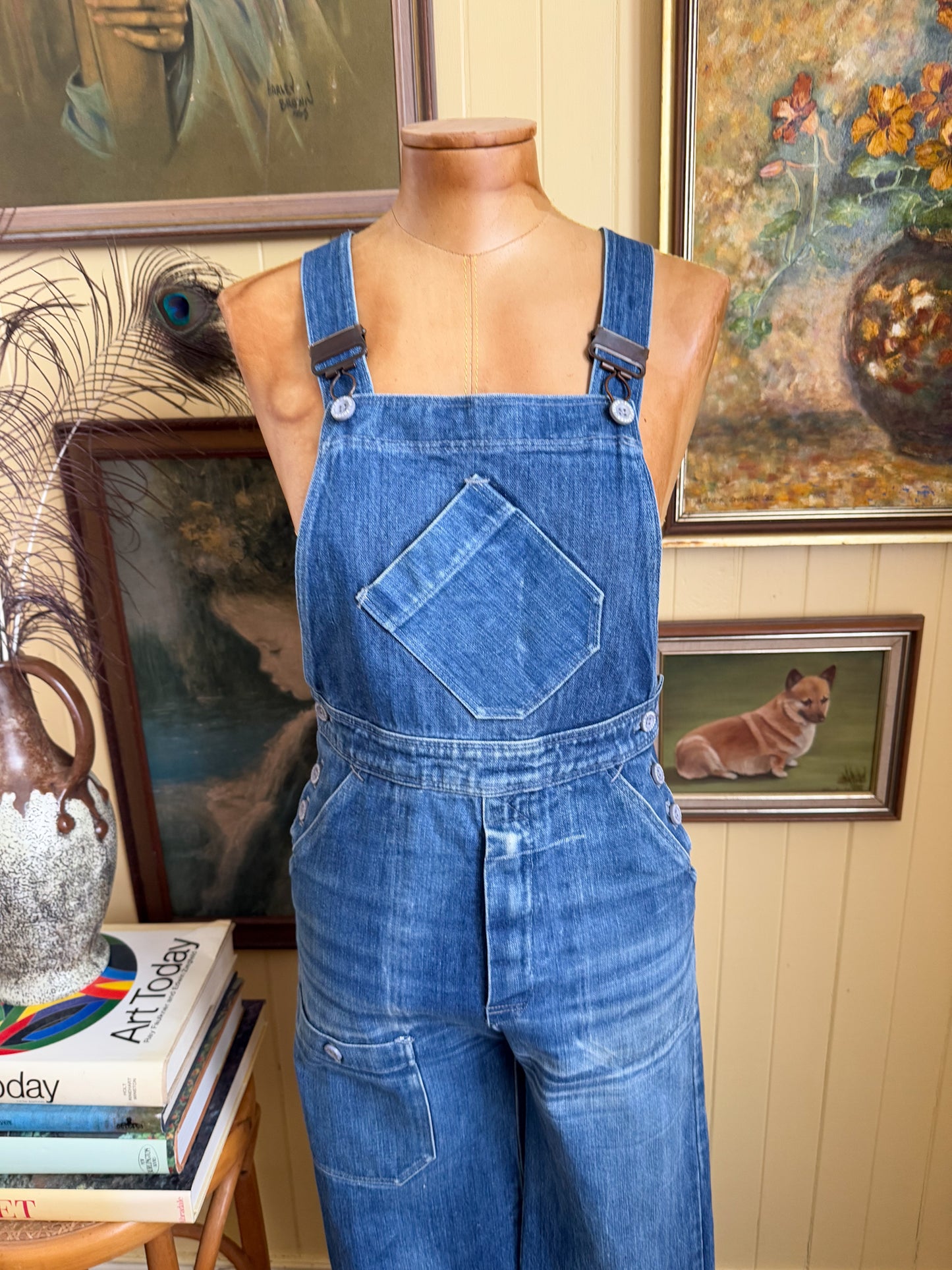 VINTAGE 1970S ENGLISH INEGA COTTON DENIM STRAIGHT LEG DUNGAREES OVERALLS XS