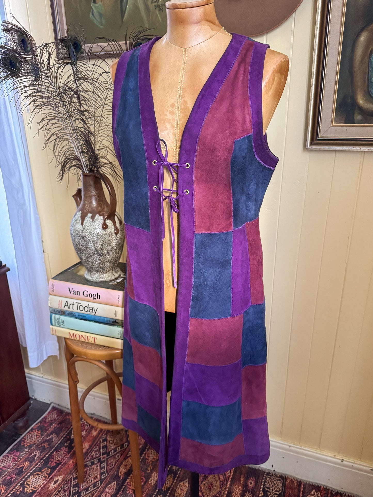 VINTAGE 1970S SUEDE LEATHER PATCHWORK LONGLINE LACE UP WAISTCOAT VEST S