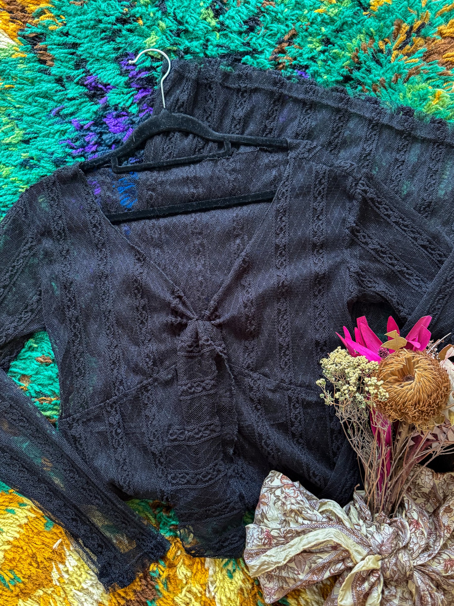 VINTAGE 1990S AUSTRALIAN SHEER BLACK LACE TIE FRONT MIDI DRESS M/L