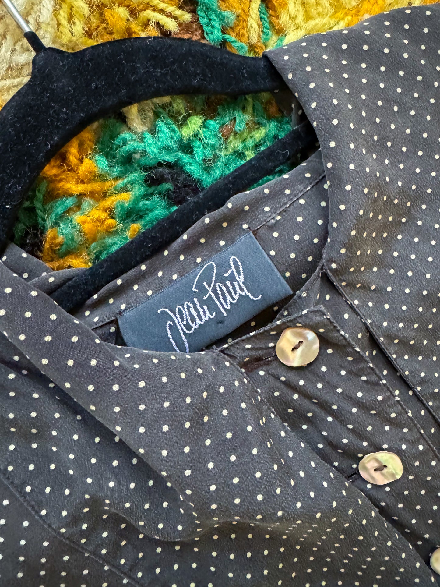 VINTAGE 1990S GERMAN SILK BUTTON THROUGH POLKA DOT BLOUSE M
