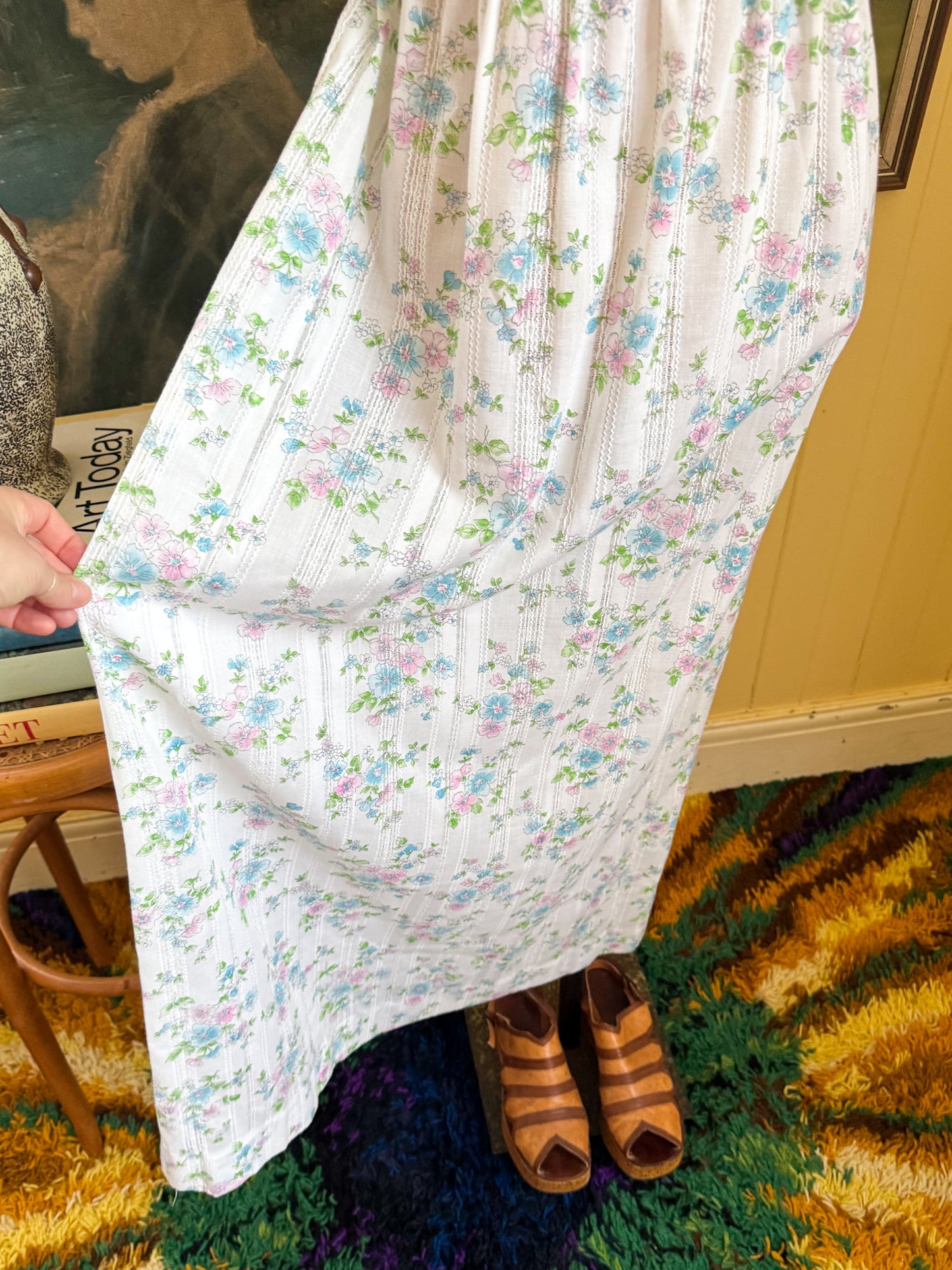 VINTAGE 1970S YOUNG EDWARDIAN COTTON BLEND FLORAL RUFFLE PRAIRIE DRESS S