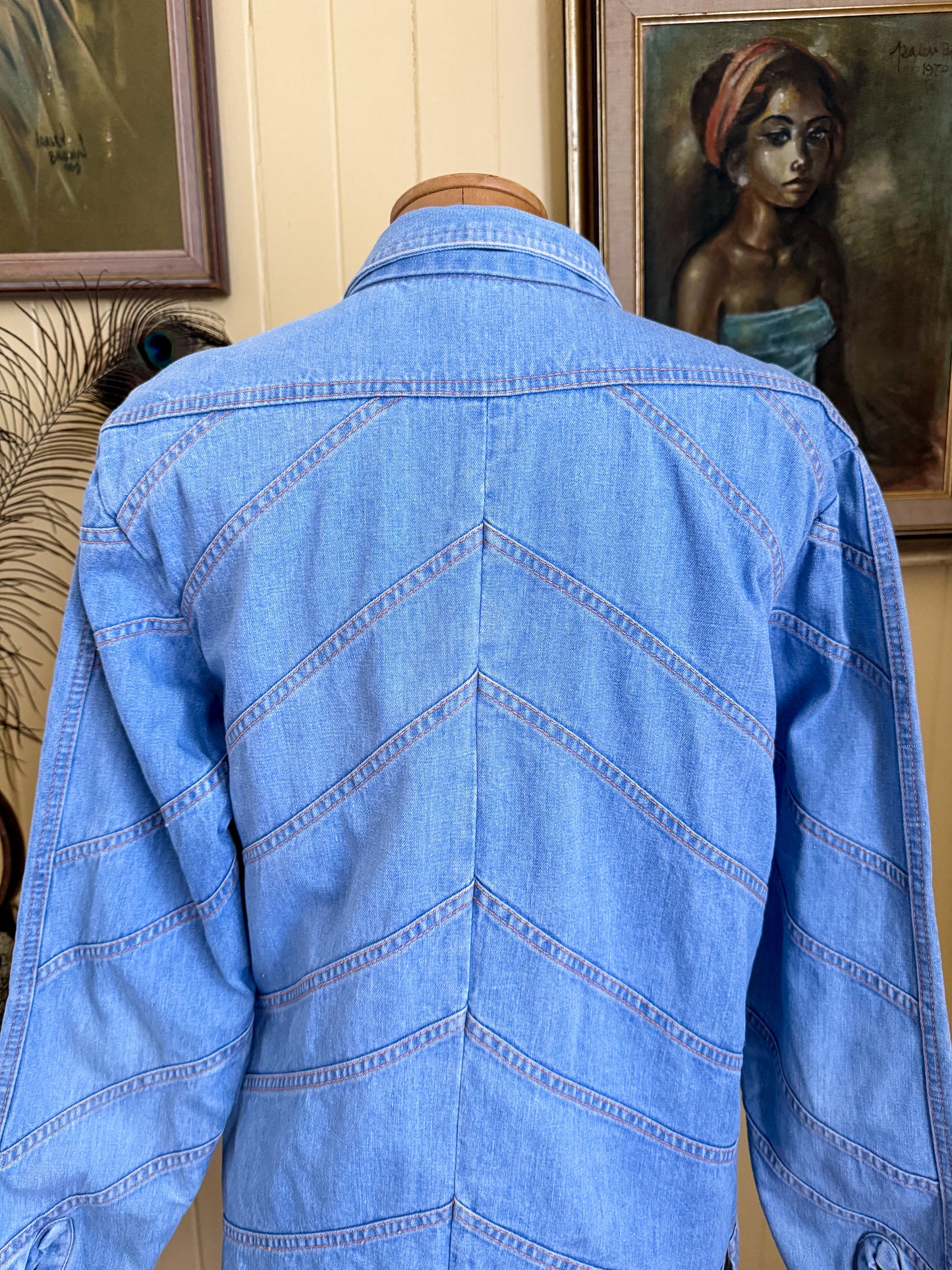 VINTAGE 1970S FADED GLORY COTTON DENIM CHEVRON SHIRT JACKET S/M