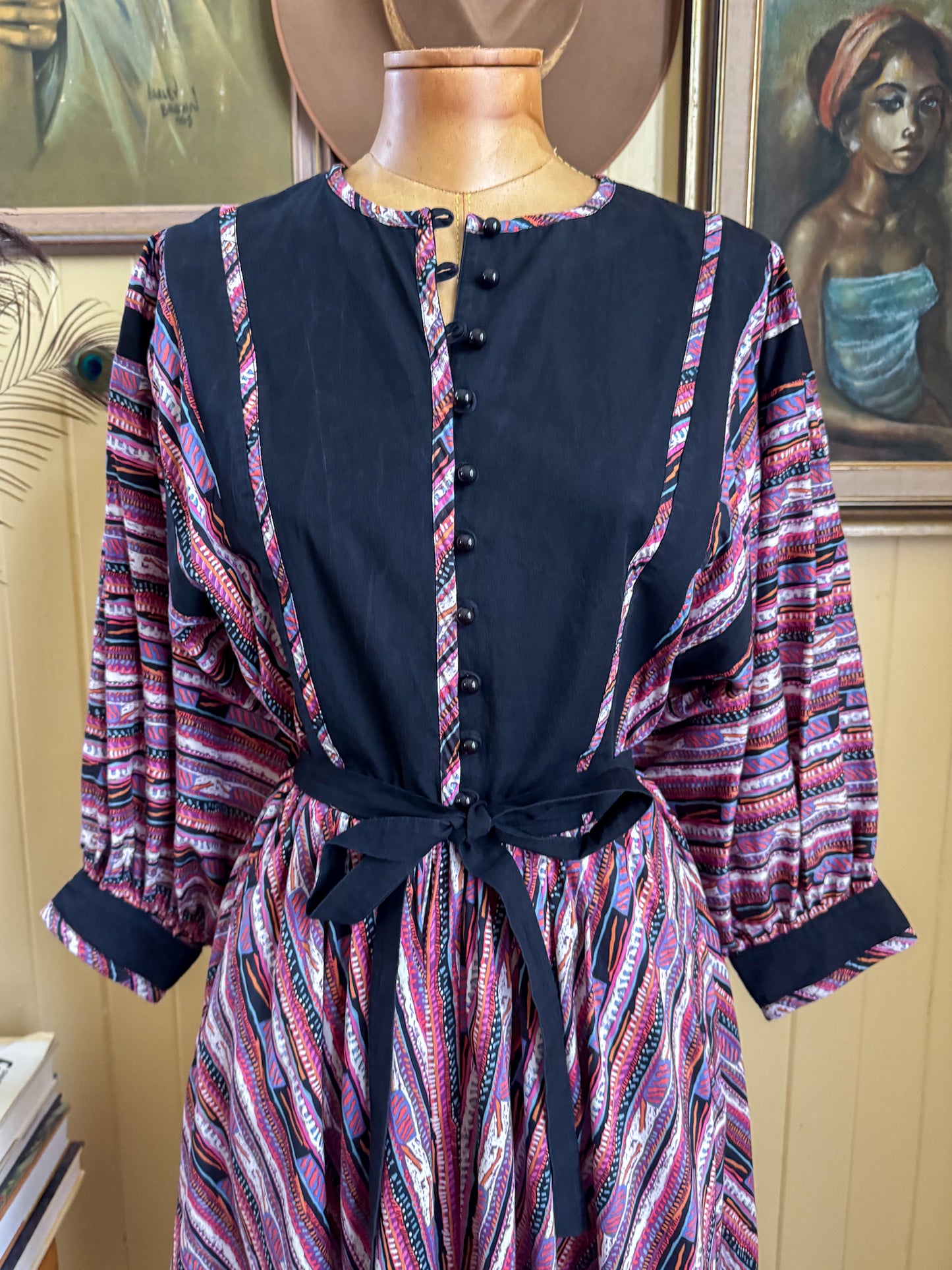 VINTAGE 1970S ORIGIN BY LIBERTY COTTON GEO PRINT BALLOON SLEEVE PRAIRIE DRESS S