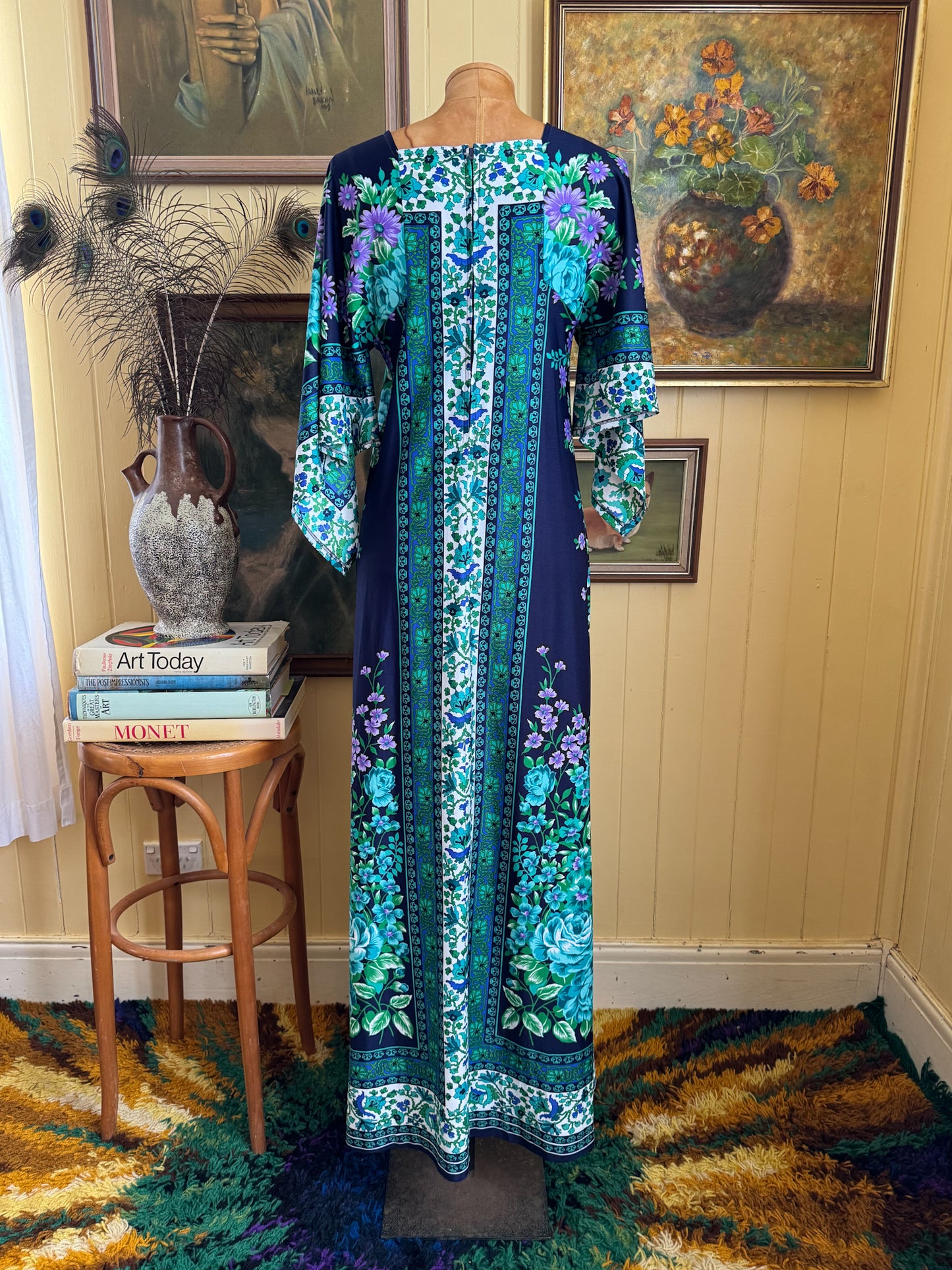 VINTAGE 1970S ACORN NYLON PRINTED MAXI KIMONO SLEEVE DRESS S