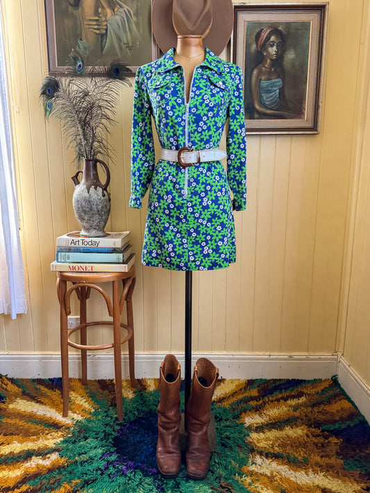 VINTAGE 1960S BOBBI COTTON FLOWER PRINT ZIP THROUGH MINI DRESS XS
