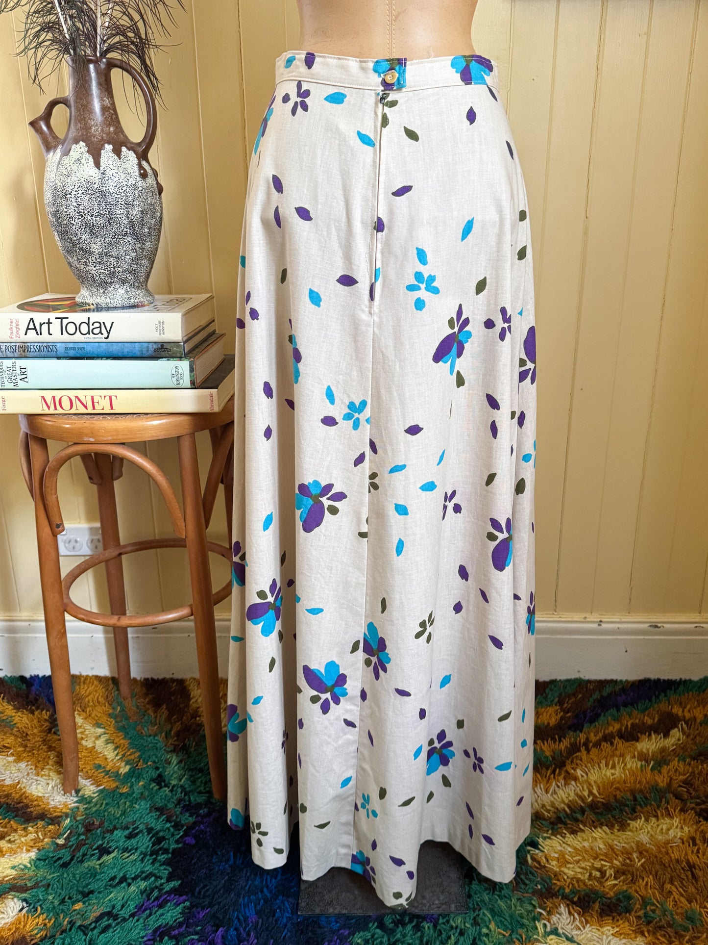 VINTAGE 1970S FINNISH COTTON ABSTRACT FLORAL PRINT MAXI SKIRT S