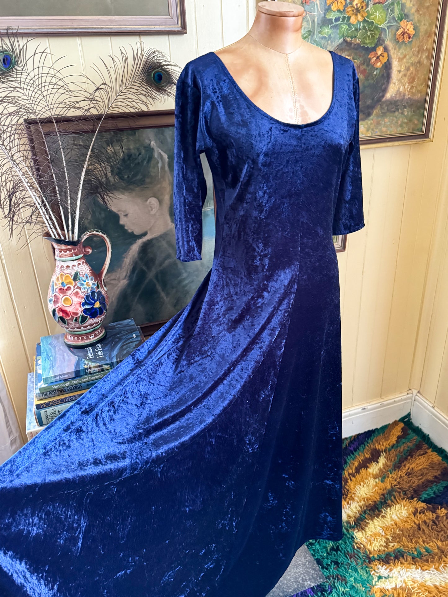 VINTAGE 1990S NAVY BLUE CRUSHED VELVET SLINKY MAXI DRESS M