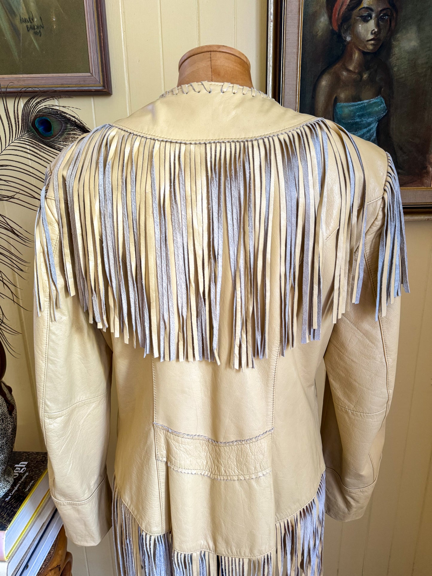 VINTAGE 1980S PIONEER WEAR LEATHER FRINGED WESTERN JACKET S/M