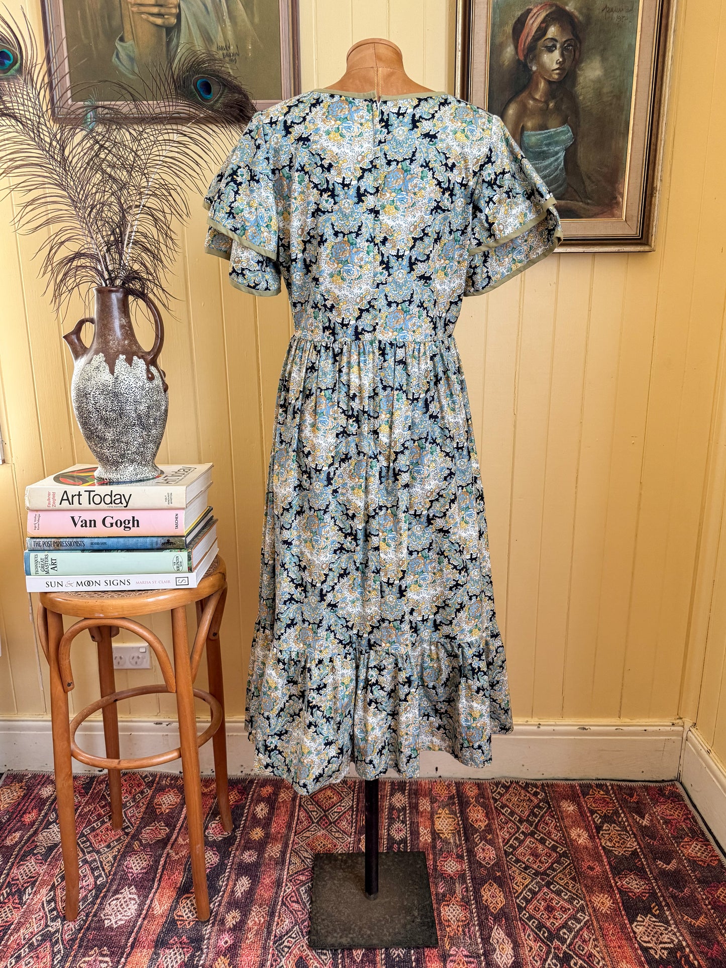 VINTAGE 1970S TOORAK COTTON FLORAL PRINT PRAIRIE DRESS + HEADSCARF M