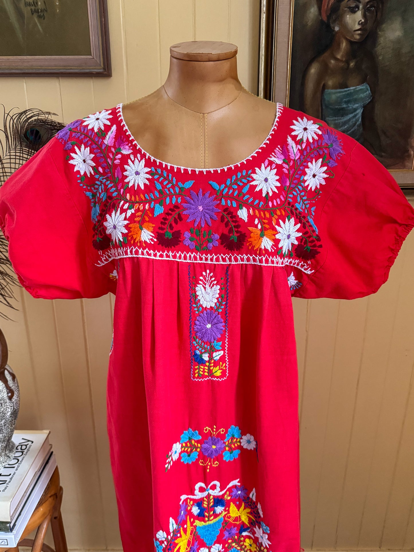 VINTAGE 1980S MEXICAN COTTON EMBROIDERED SMOCK MIDI DRESS S/M