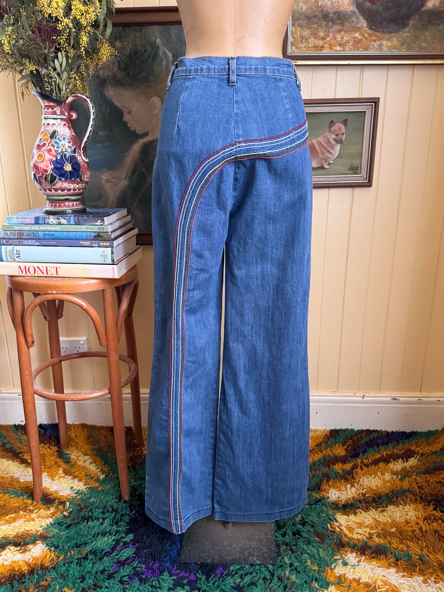 VINTAGE 1990S DOES 1970S USA FERVOUR HIGH WAIST RAINBOW STITCH DENIM FLARED JEANS M