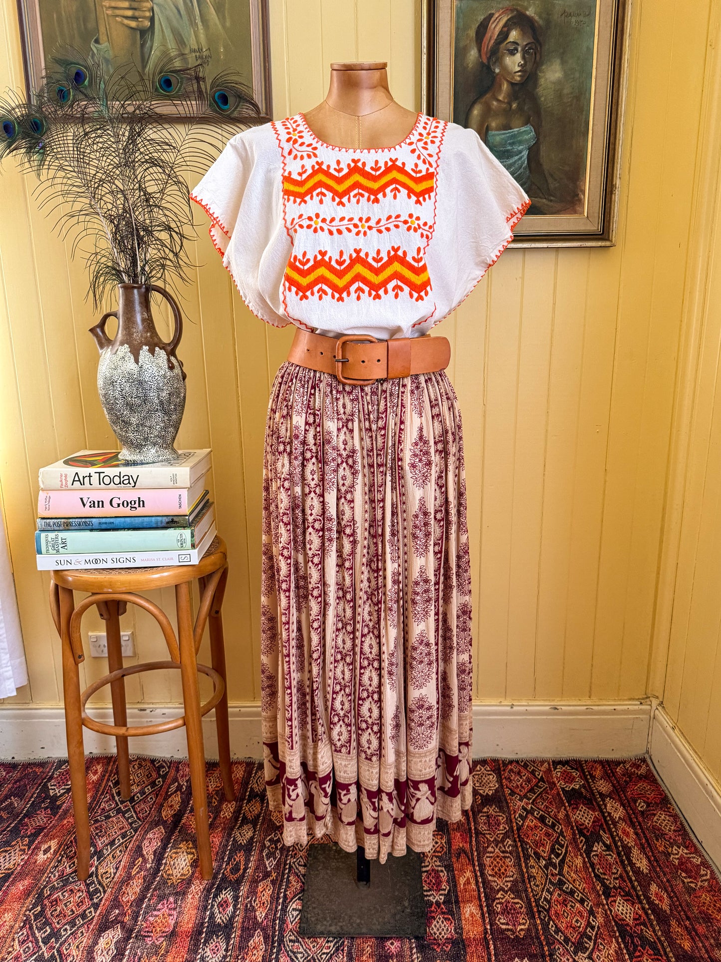 VINTAGE 1980S O.P.C. INDIAN RAYON GAUZE BROOMSTICK MIDI SKIRT M