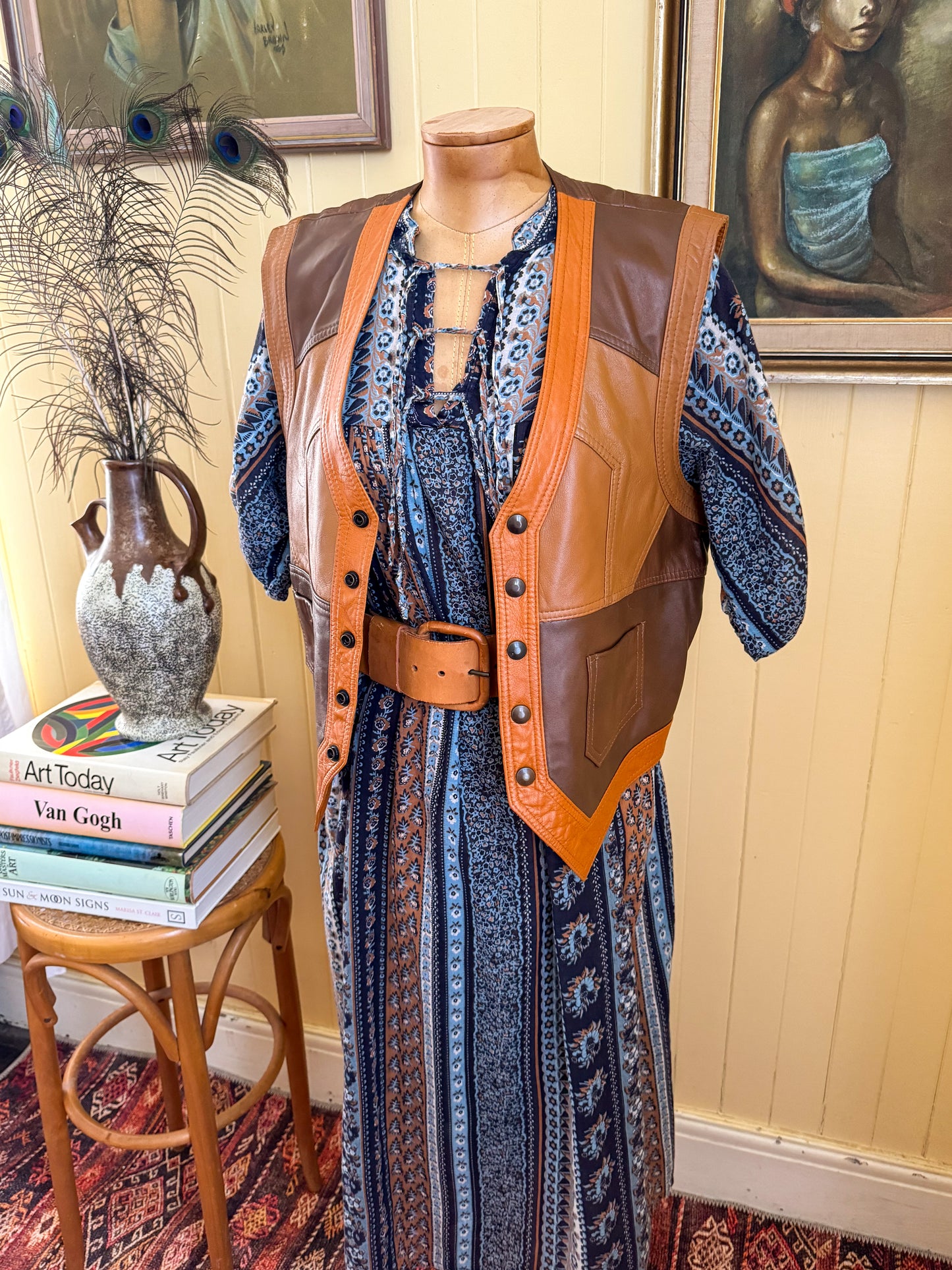 VINTAGE 1970S STEPHEN DATTNER PATCHWORK LEATHER WAISTCOAT VEST S/M