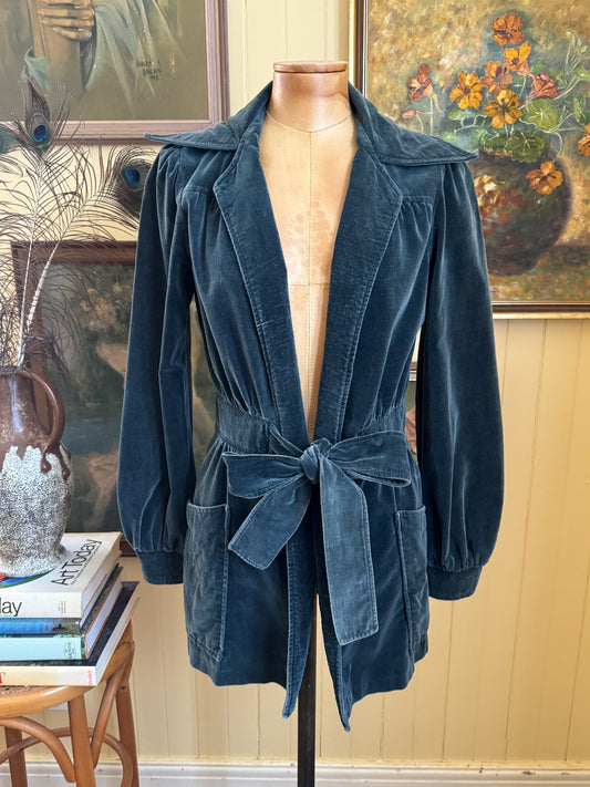 VINTAGE 1970S LORETTE RAYON VELVET TIE FRONT BLAZER JACKET S/M