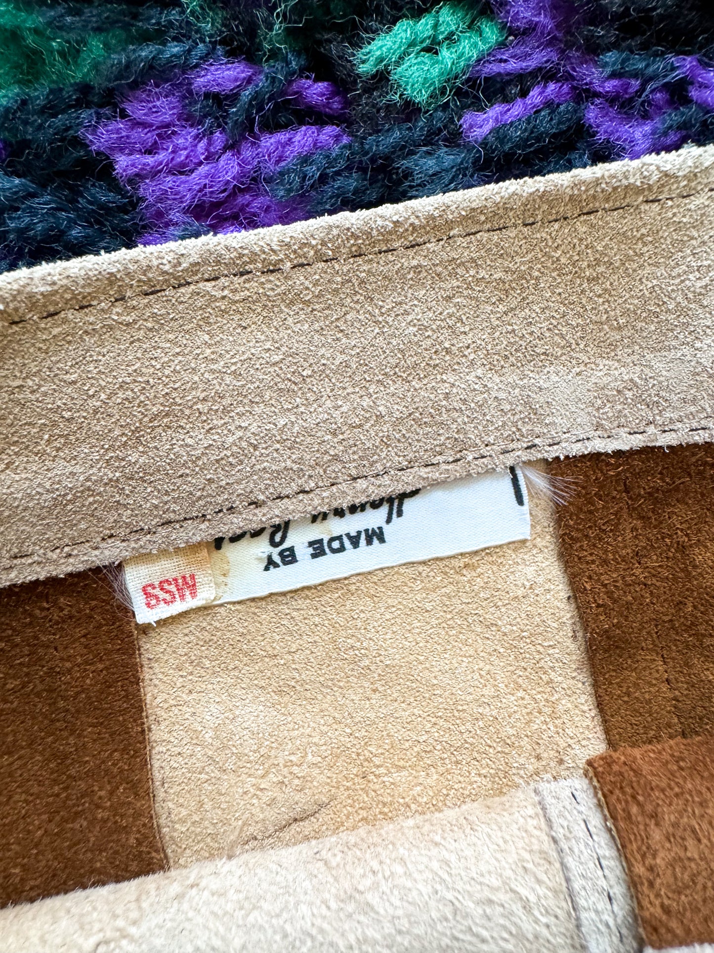 VINTAGE 1970S SUEDE LEATHER PANEL BUTTERFLY APPLIQUÉ BUTTON THROUGH MINI SKIRT S/M