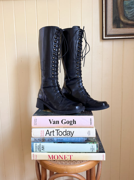 VINTAGE 1990S SHOO BIZ BLACK LEATHER LACE UP KNEE HIGH BOOTS 10-10.5/41-41.5