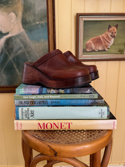 VINTAGE 1990S THE KICK LEATHER WOODEN PLATFORM CLOGS WEDGES 9.5/40.5