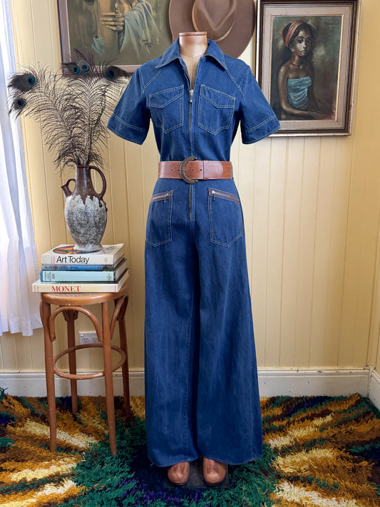 VINTAGE 1970S VADIM AUSTRALIAN COTTON DENIM WIDE LEG JUMPSUIT S/M